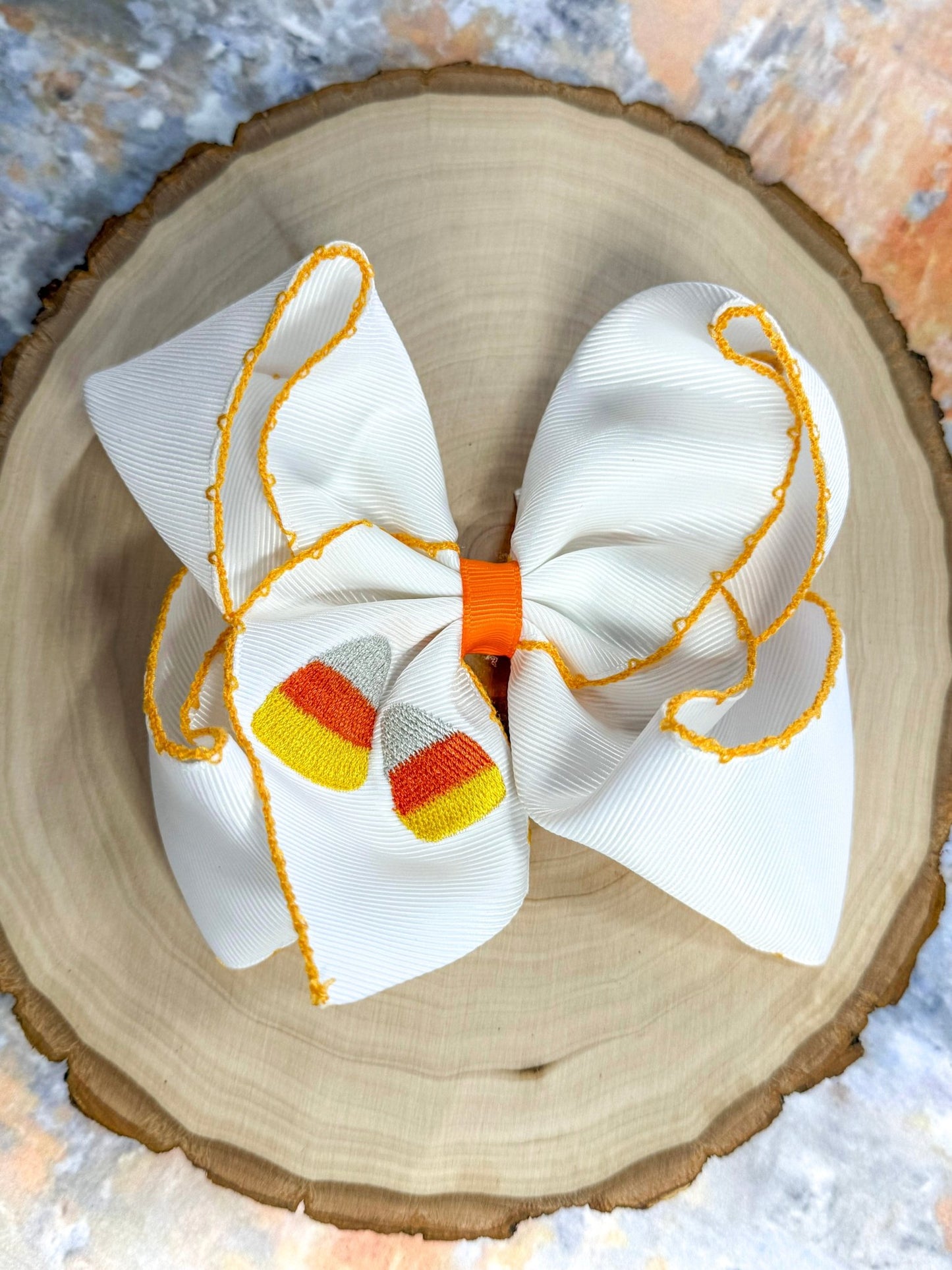 Candy Corn Embroidered Moonstitch Hair Bow