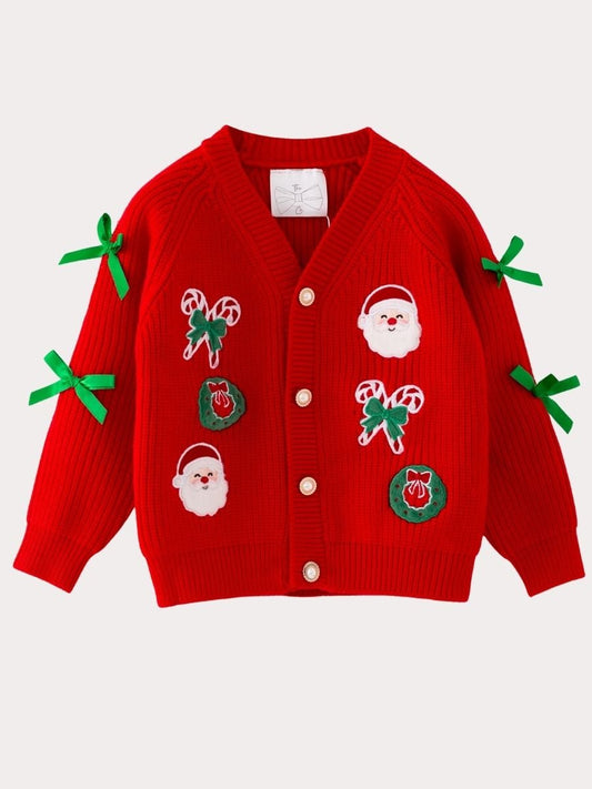 Girls red Christmas cardigan with Santa, candy canes, wreaths and green bows - Alternative view