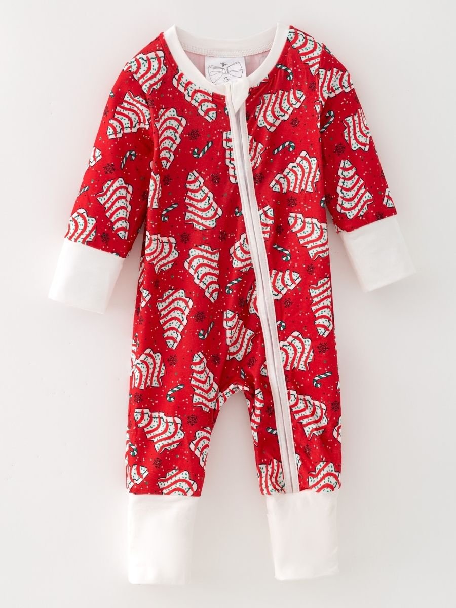 Baby Christmas tree cake zipper romper in soft poly spandex with fold-over cuffs and festive red holiday print.