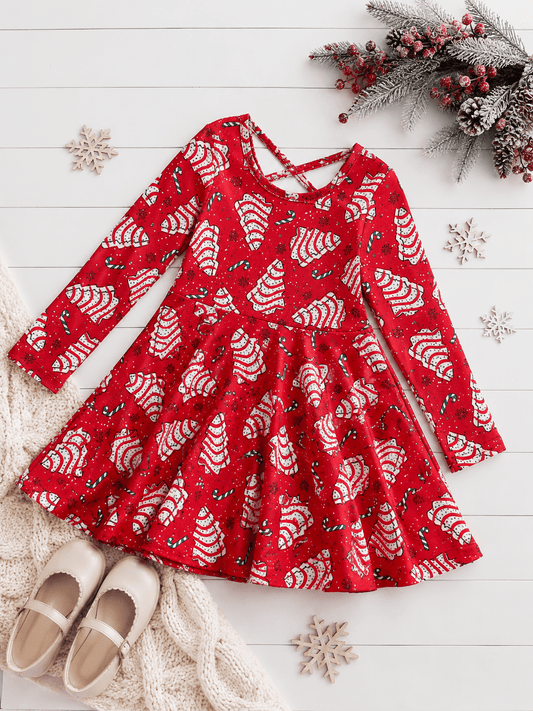 Christmas tree cake twirl dress on festive background - Alternative view