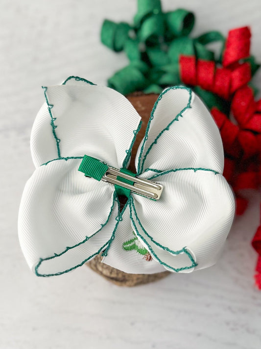 Back of Christmas tree embroidered hair bow showing alligator clip - Alternative view
