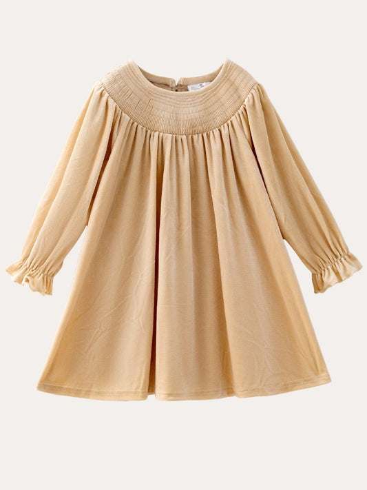 Ivory velvet girls dress with smocked yoke, long puff sleeves, and twirl skirt — The Hair Bow Company holiday dress - Alternative view