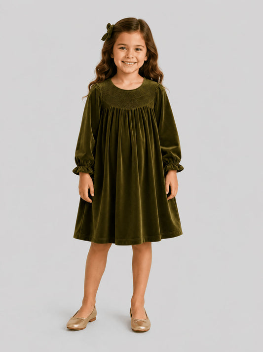 Olive green girls smocked velvet holiday dress - Alternative view