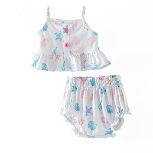 Children's two-piece romper with shell and starfish pattern on a white background - Alternative view
