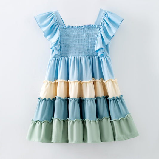 Blue, beige, and green dress with ruffled layers on a white background - Alternative view