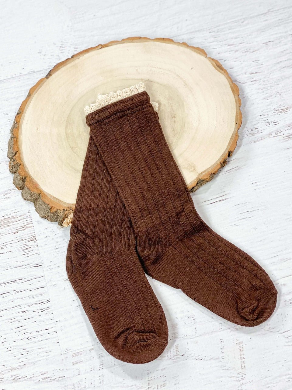 Chocolate brown socks with crochet lace trim