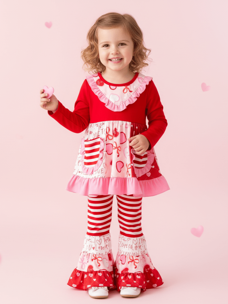 Child wearing a red and white outfit with hearts on a pink background