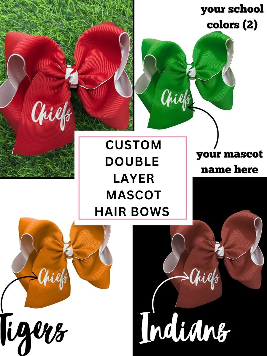 Custom double layer mascot hair bows with customizable text on a grass background.