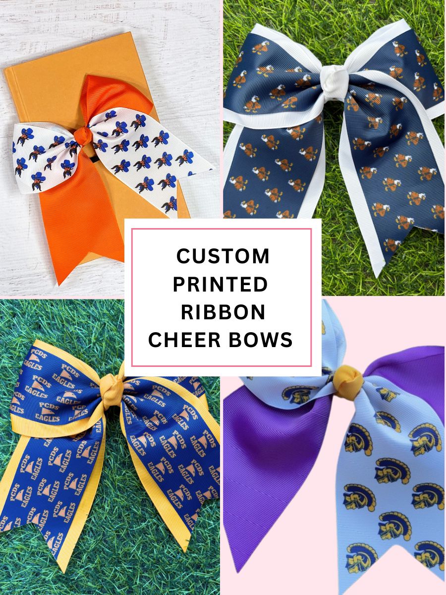 Collage of custom printed ribbon cheer bows with text overlay on a grass background.