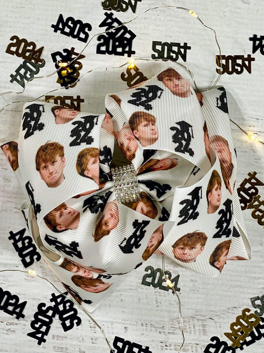 Custom printed senior hair bow with photo faces on the ribbon - Alternative view