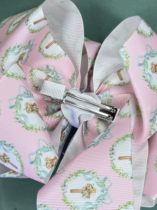 clip on Pink Easter hair bow with cross wreath print in oversized double layer style - Alternative view
