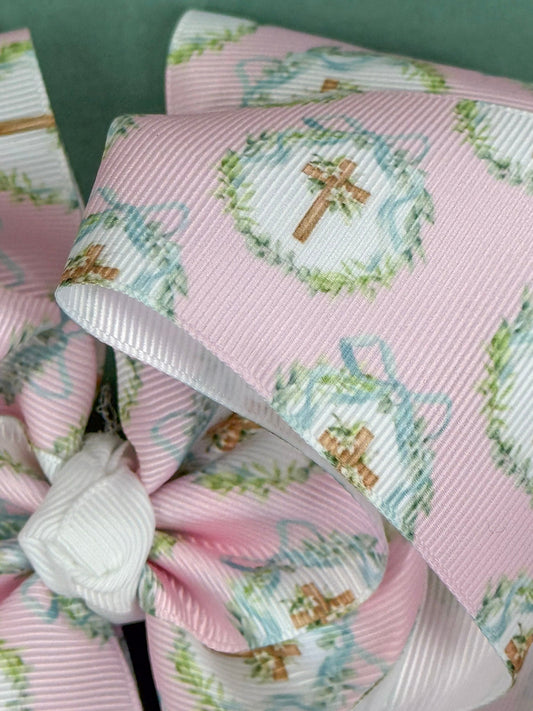 zoomed in print of Pink Easter hair bow with cross wreath print in oversized double layer style - Alternative view