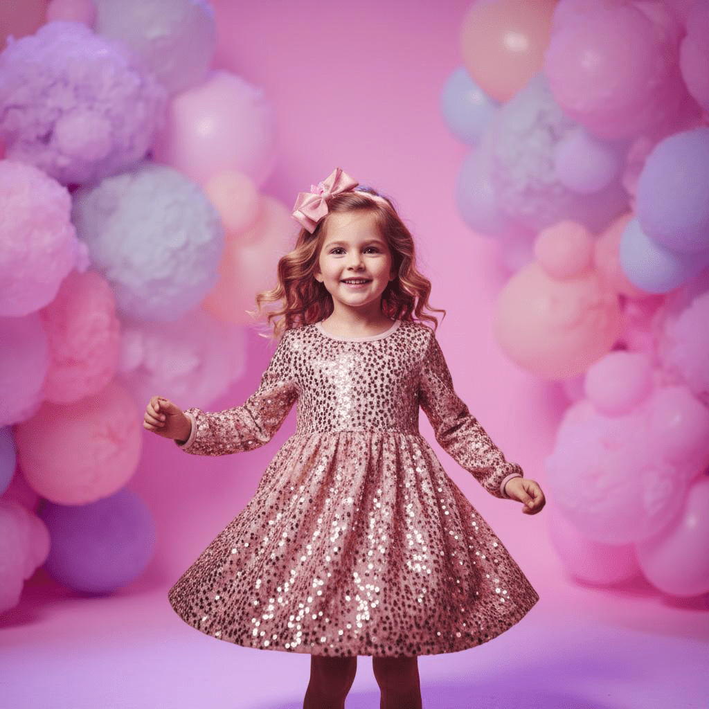 Young girl in a sequined dress standing in front of pink and purple balloons.