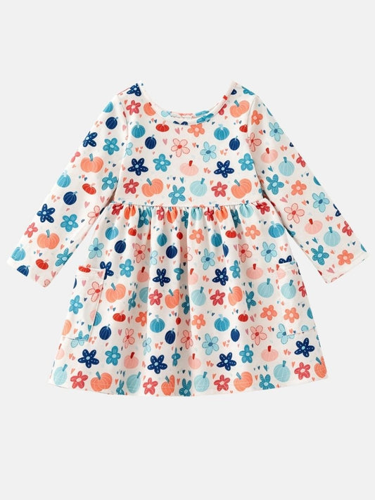 Girls fall pumpkin floral pocket dress in dusty rose orange and blue - Alternative view