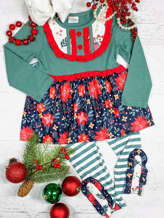 green layered and ruffled poinsettia tunic and striped leggings set   - Alternative view