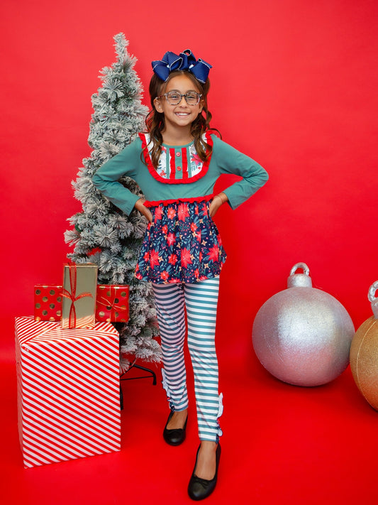 Festive Poinsettia Ruffled Tunic & Leggings Set