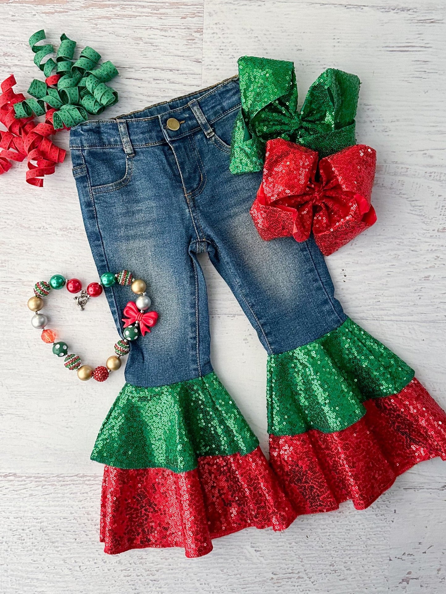 jeans with red and green sequin bottoms