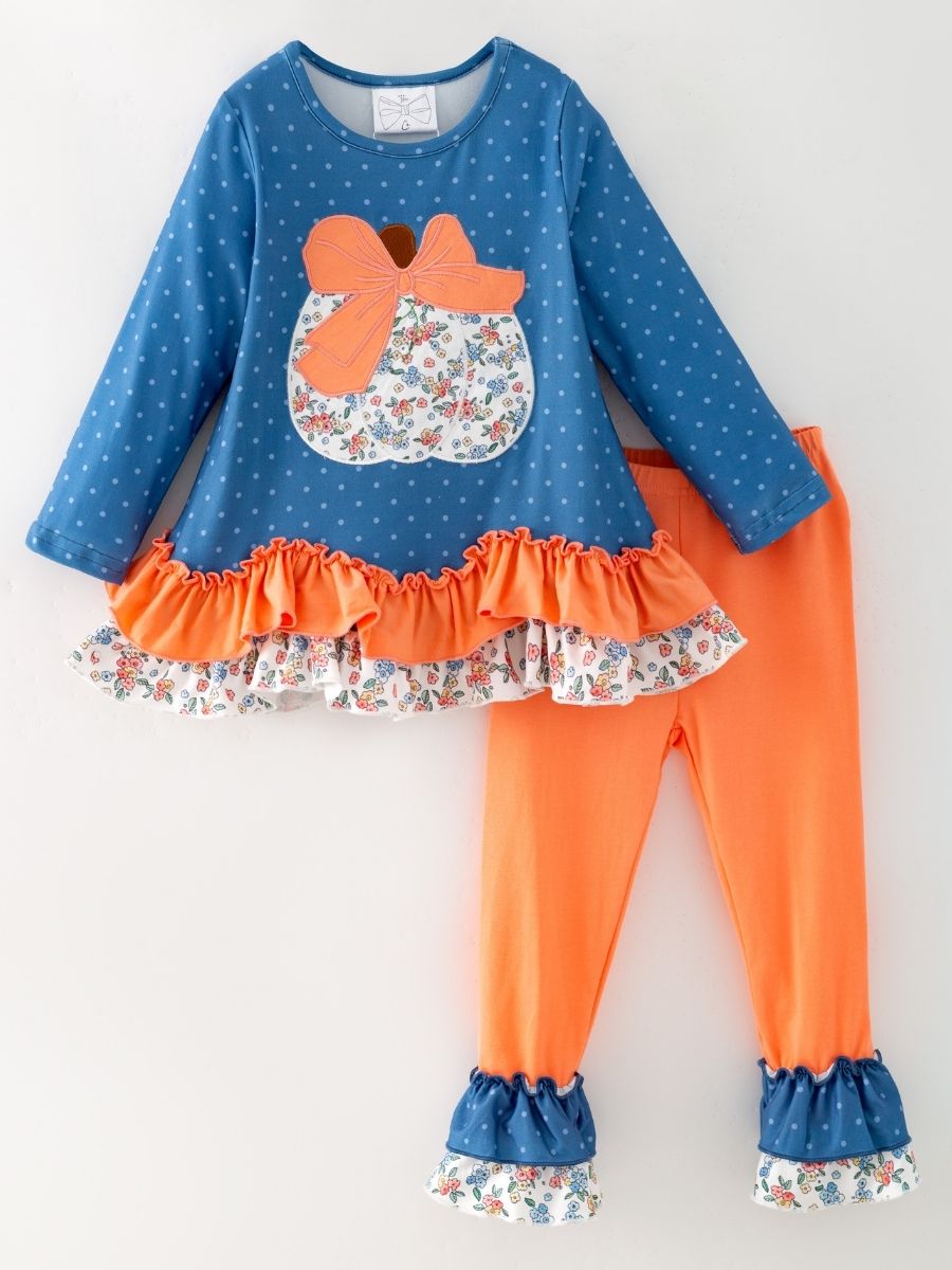 Girls pumpkin leggings set with floral & dot tunic, boutique fall outfit for toddlers and girls