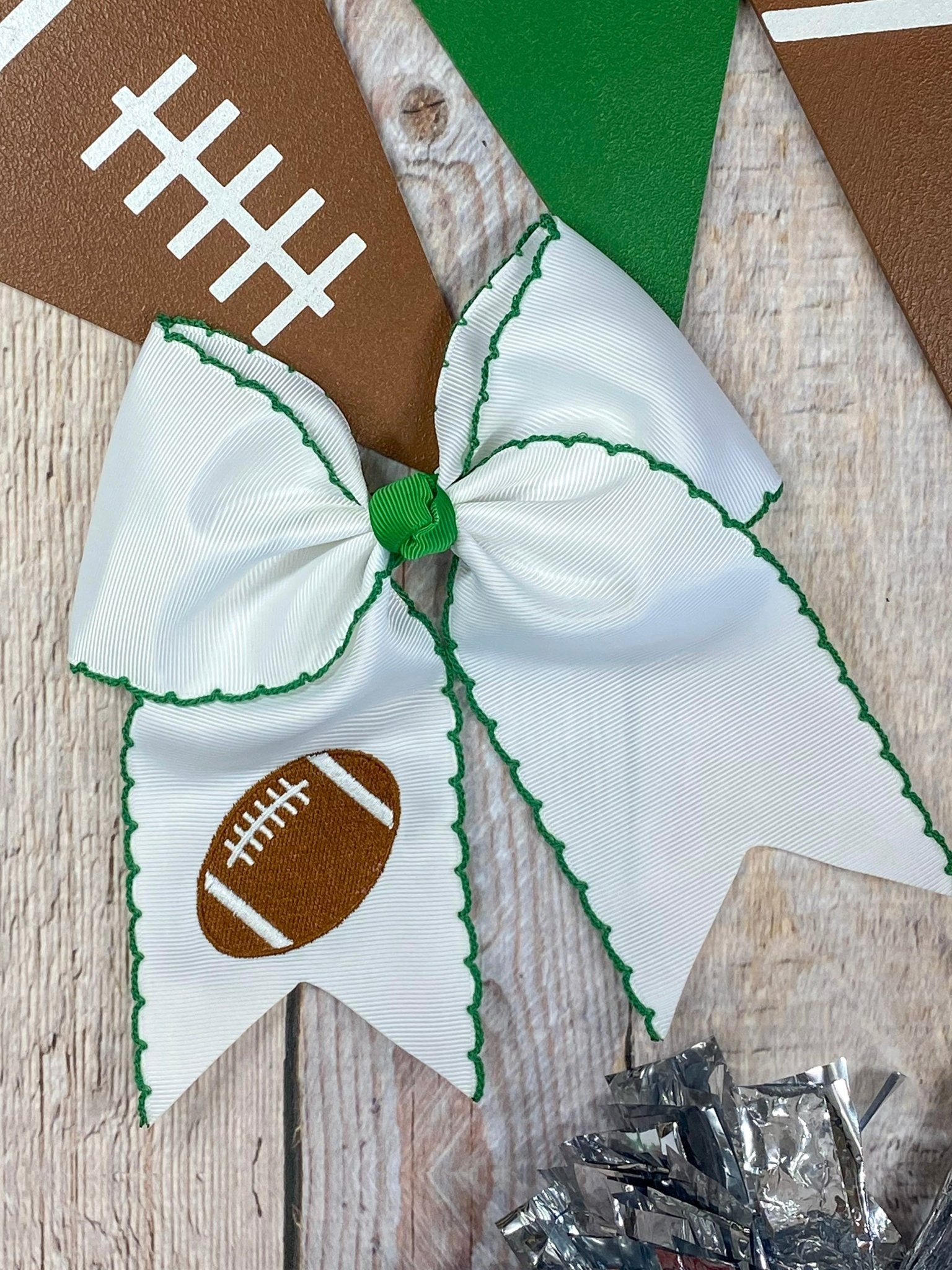 white with green Football Embroidered Moonstitch Cheer Bow