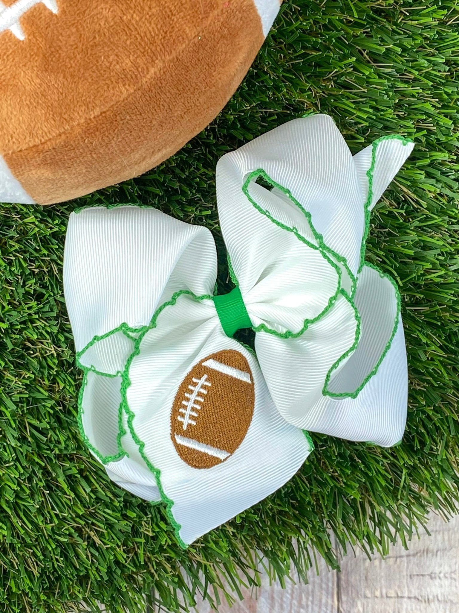 white with green Football Embroidered Moonstitch Hair Bow