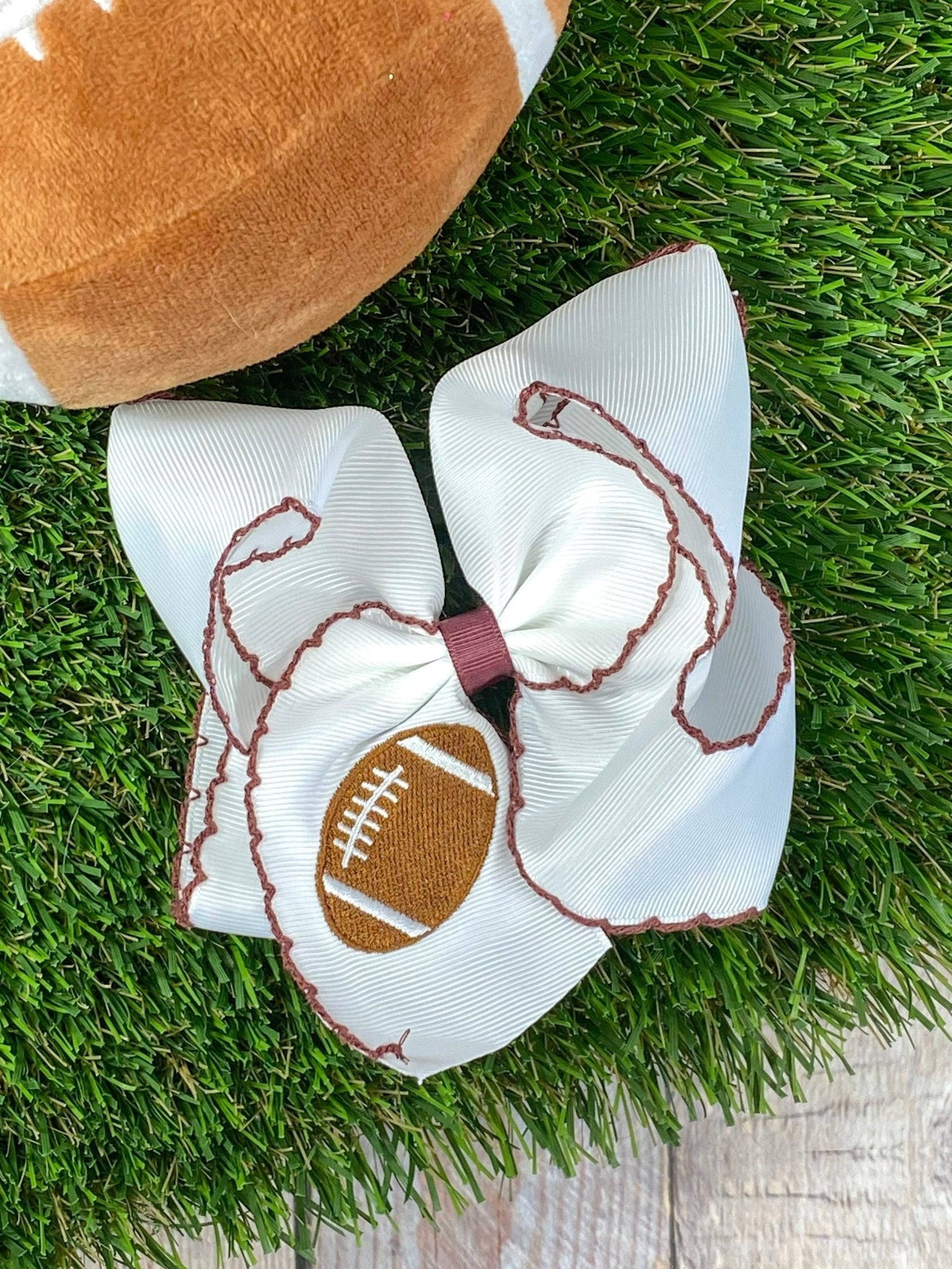 white with maroon Football Embroidered Moonstitch Hair Bow