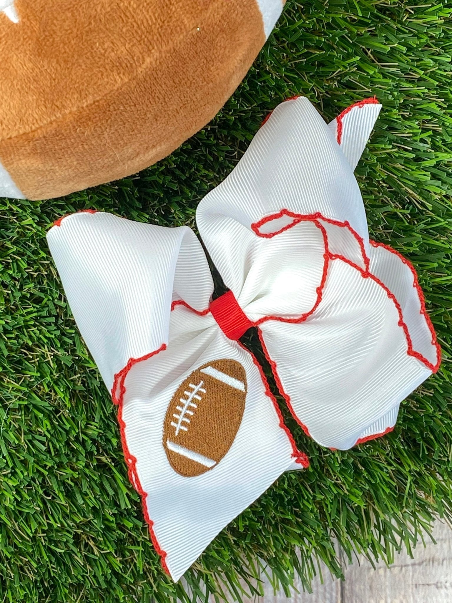 white with red Football Embroidered Moonstitch Hair Bow