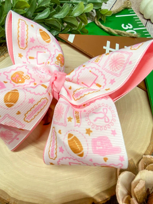 Football Print Pink Double Layer Hair Bow on a wooden background - Alternative view