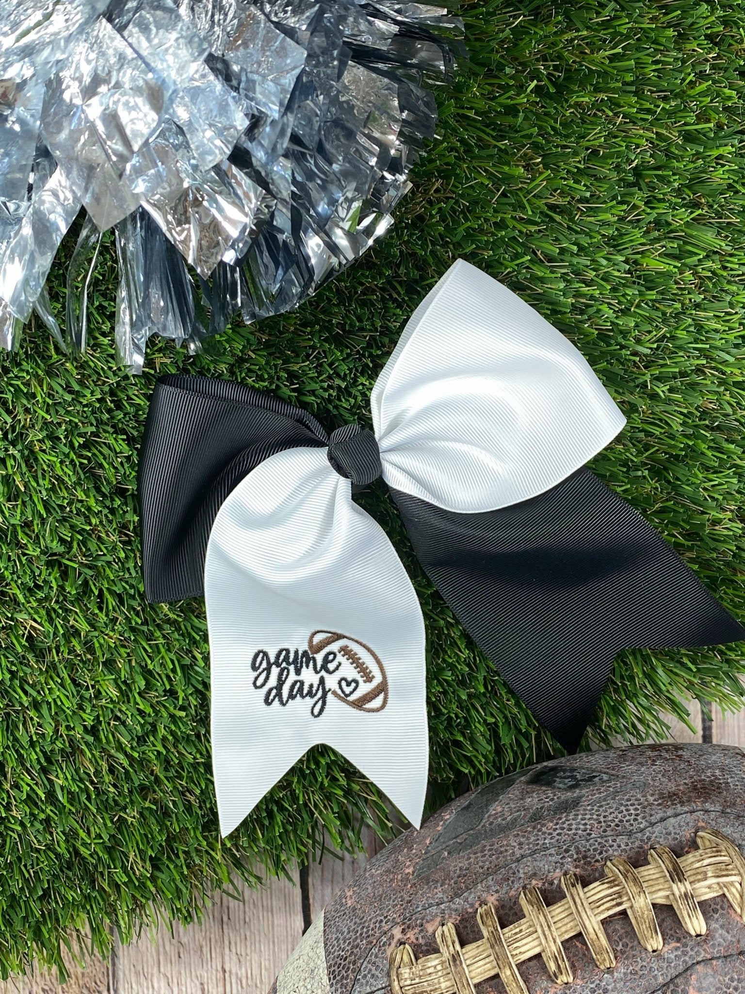 black & white Game Day Embroidered Cheer Bow
