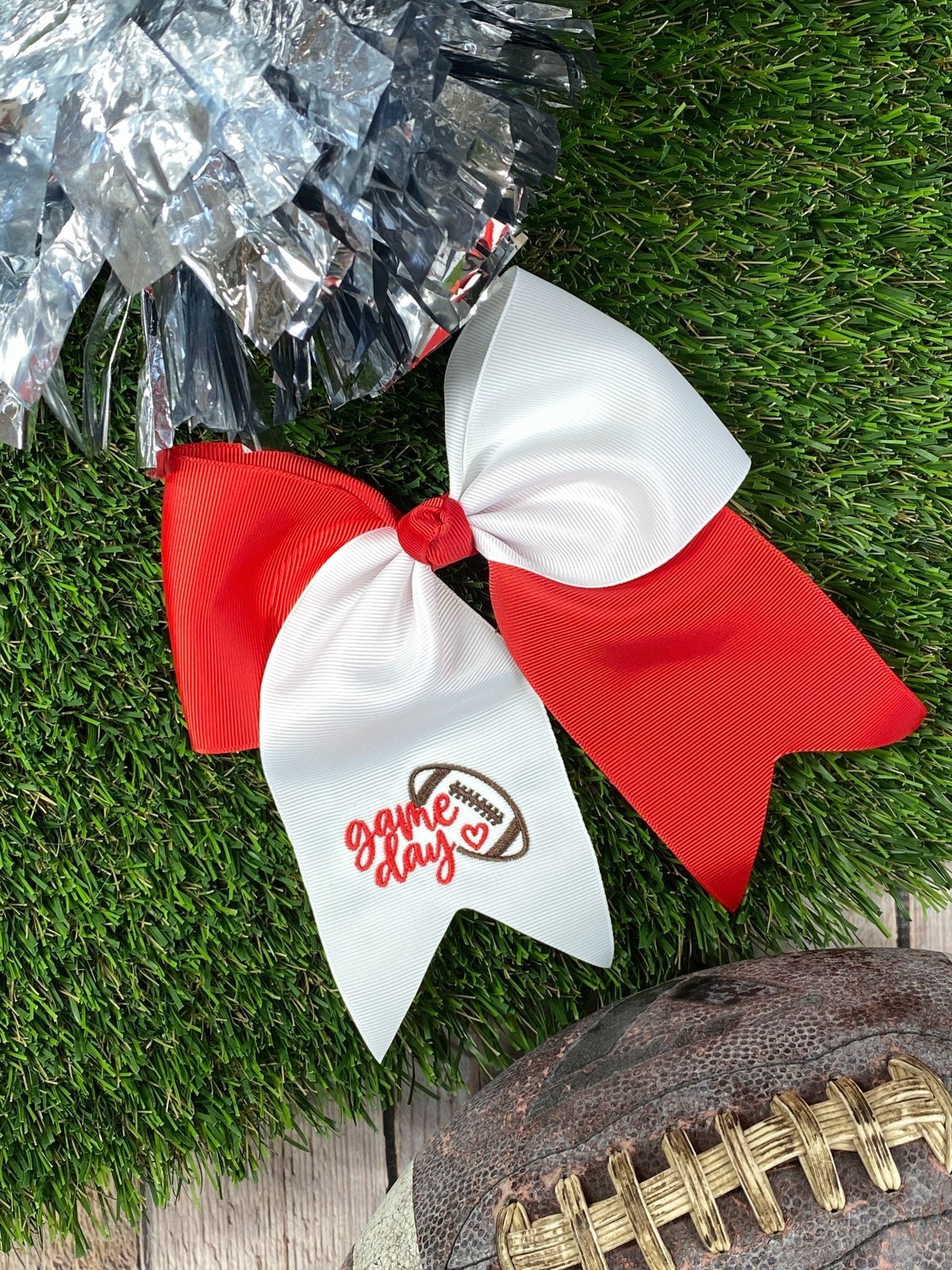 red & white Game Day Embroidered Cheer Bow