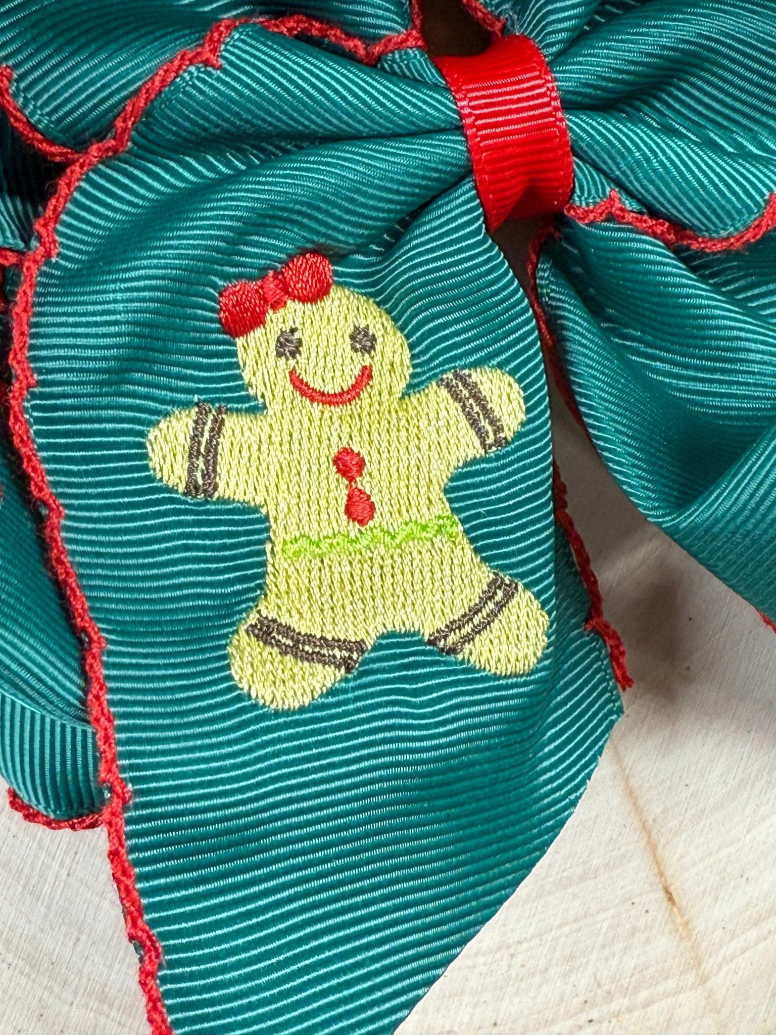 close up of the gingerbread embroidery