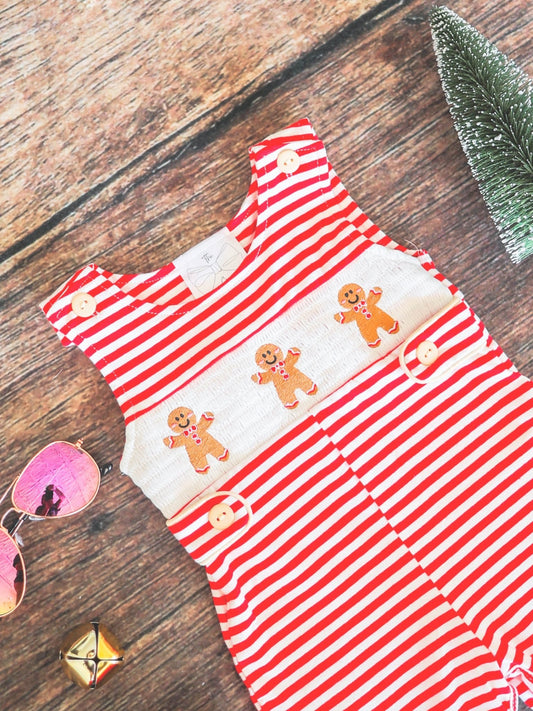 Close-up of the gingerbread friends design on a red striped infant boys onesie - Alternative view