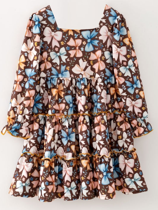 Girls brown bow print tiered dress with long sleeves and ruffle details - Alternative view