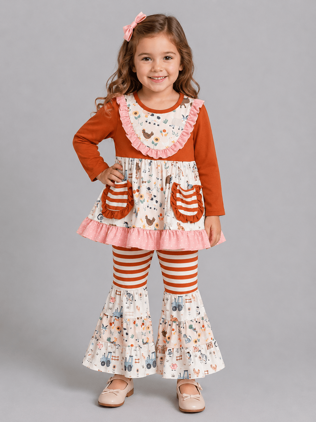 Girls Farm Animal Bell Bottom Outfit Set with Farm Print Tunic, Striped Bell Bottom Pants and Ruffle Trim