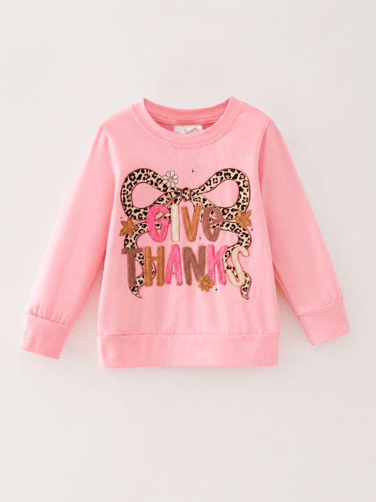 Girls pink Give Thanks Thanksgiving shirt with leopard bow graphic - Alternative view