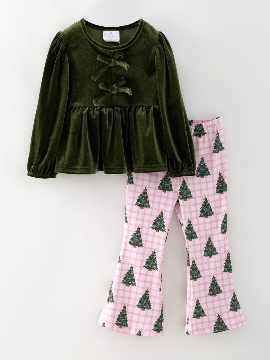 Girls green velvet top with pink Christmas tree plaid bell bottom pants
