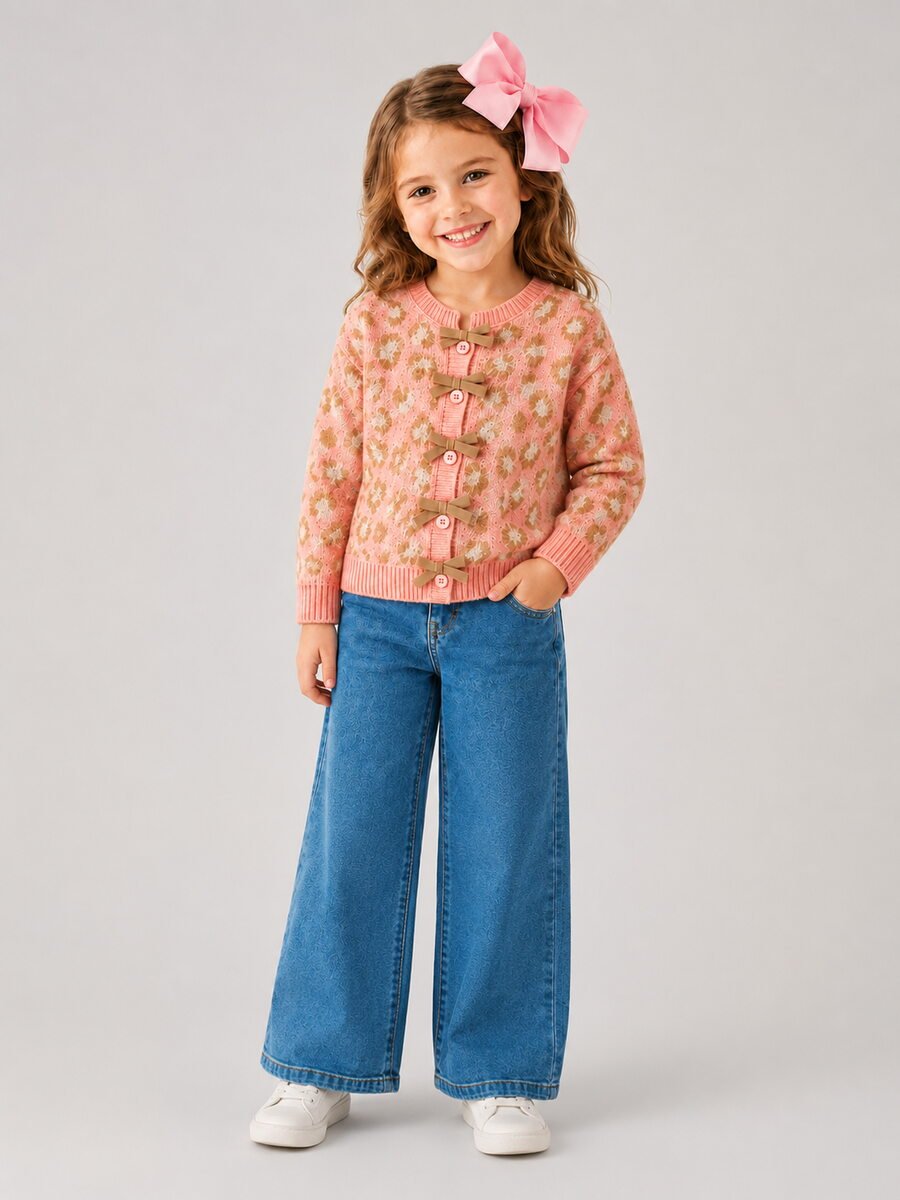 Girls pink leopard print knit cardigan with brown bow accents and buttons