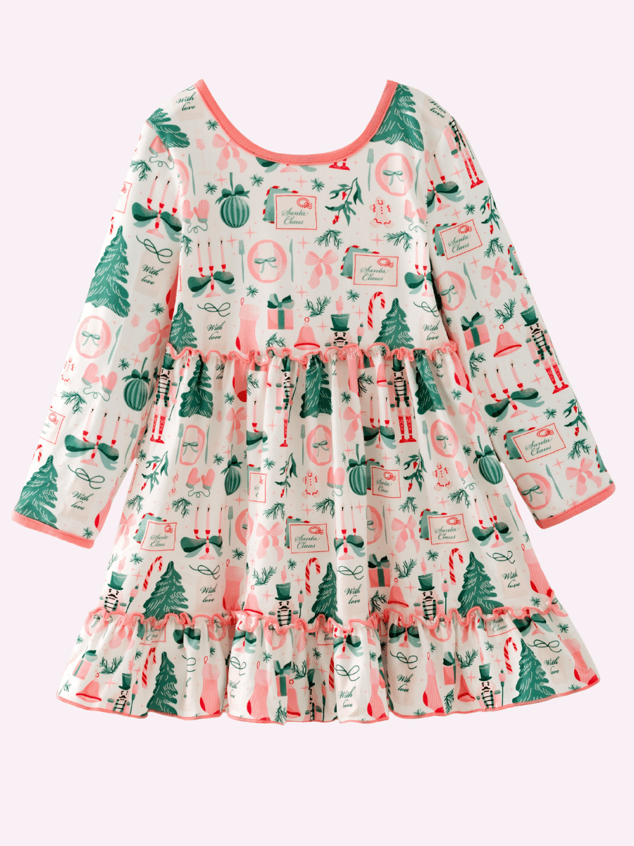 Girls cream Christmas twirl dress with nutcrackers, trees and bows print