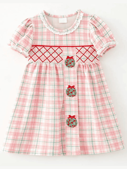 Girls pink plaid Christmas dress with smocked waist and embroidered wreaths - Alternative view