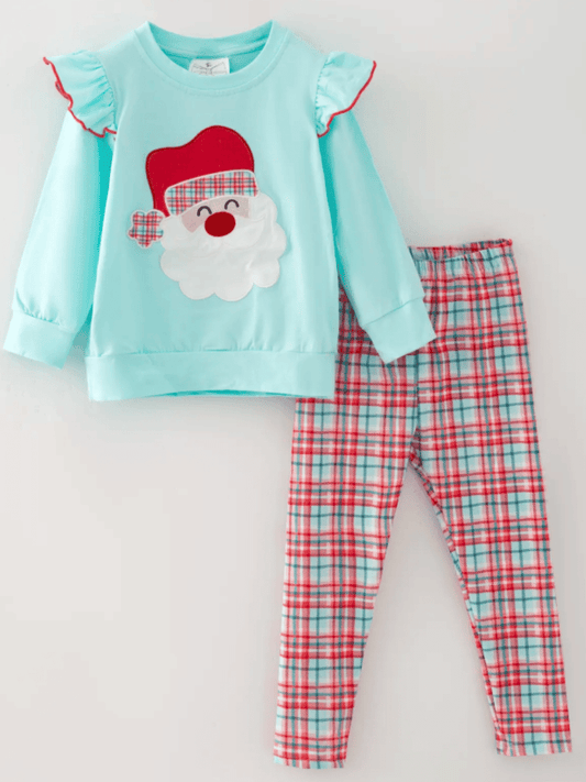 Aqua Santa top and plaid leggings set for girls - Alternative view
