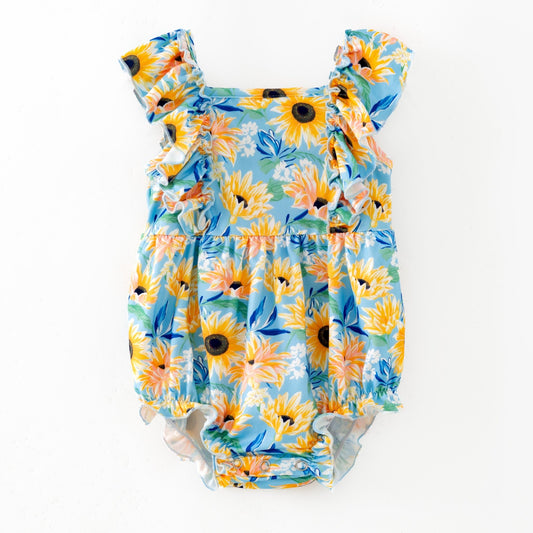 Sunflower print ruffle infant romper with flutter sleeves and snap bottom - Alternative view