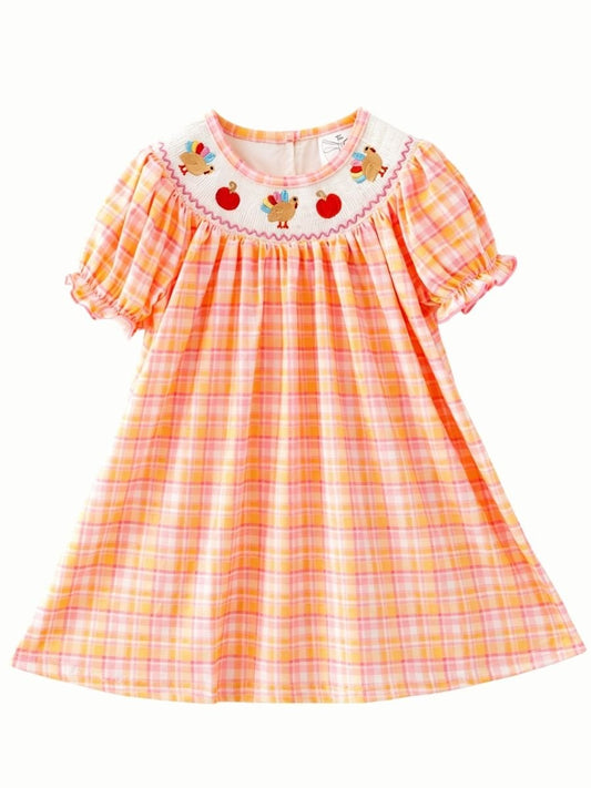 Pink and orange plaid girls’ Thanksgiving dress with a smocked neckline, embroidered turkeys and pumpkins, and ruffled sleeves - Alternative view