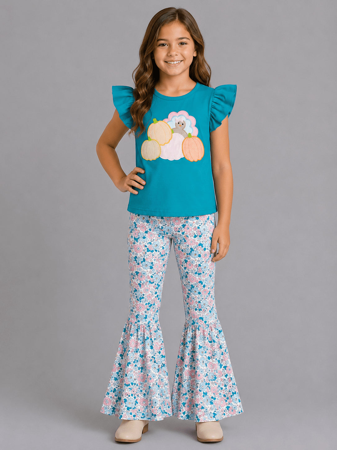 Teal turkey and pumpkin top with floral bell bottoms