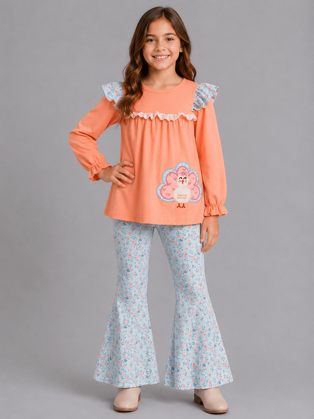 Turkey tunic with blue floral bell bottoms