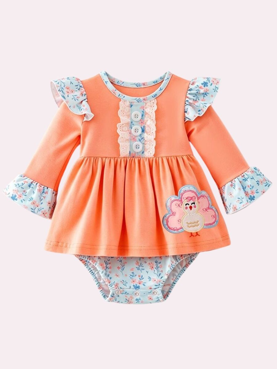Baby girl Thanksgiving turkey tunic romper with coral top and blue floral ruffle trim