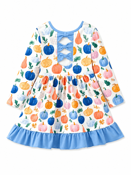 Back of Girls Watercolor Pumpkin Ruffle Dress with Blue Bow Back Detail, Long Sleeves and Fall Pumpkin Print - Alternative view