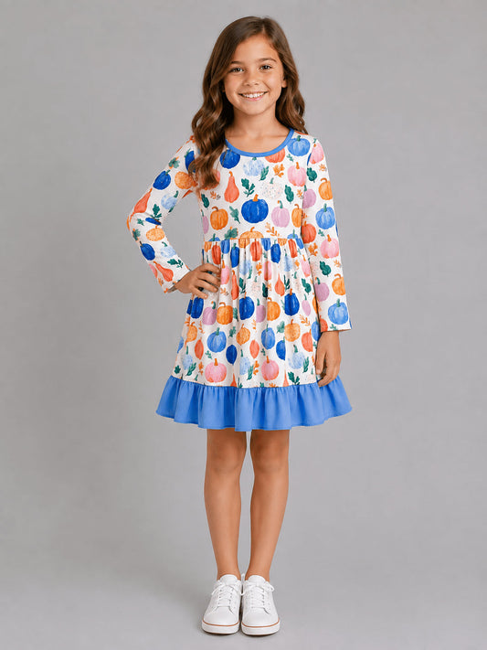 Watercolor pumpkin print dress with long sleeves - Alternative view