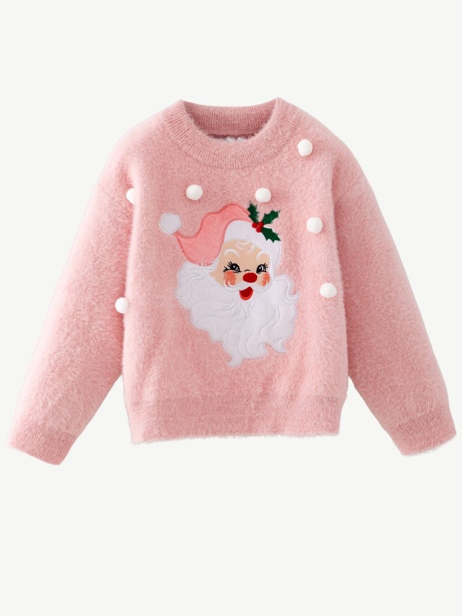Girls pink fuzzy Christmas sweater with vintage Santa applique and pom poms