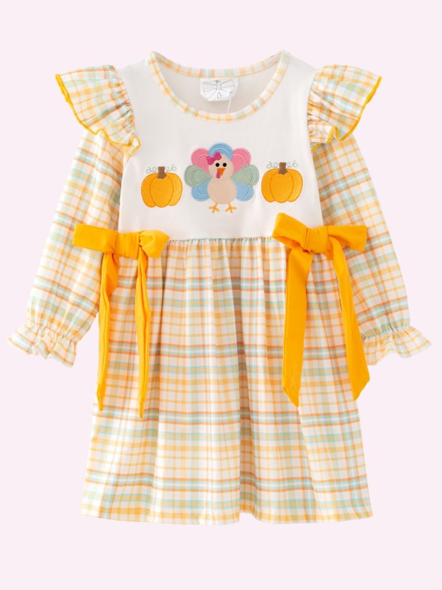 Girls plaid Thanksgiving dress with embroidered turkey and pumpkins, ruffle sleeves and orange bows