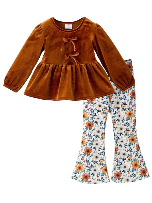 girls fall two-piece with rust velvet bow-tie peplum top and autumn floral bell bottom pants - Alternative view