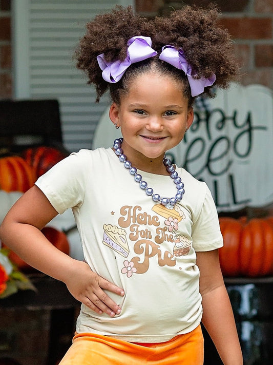 Ivory "Here For The Pie" short sleeve boutique girl's Thanksgiving shirt from The Hair Bow Company. - Alternative view